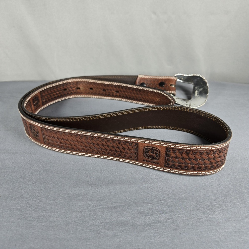 Vintage John Deere Mens 44 Belt Brown Leather Basketweave Tooled Western 90s - Picture 8 of 12